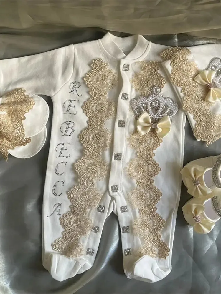 Newborn Baby Personalized Outfits 4 Pieces Welcome Home Hospital Crown Jewelry Romper Set