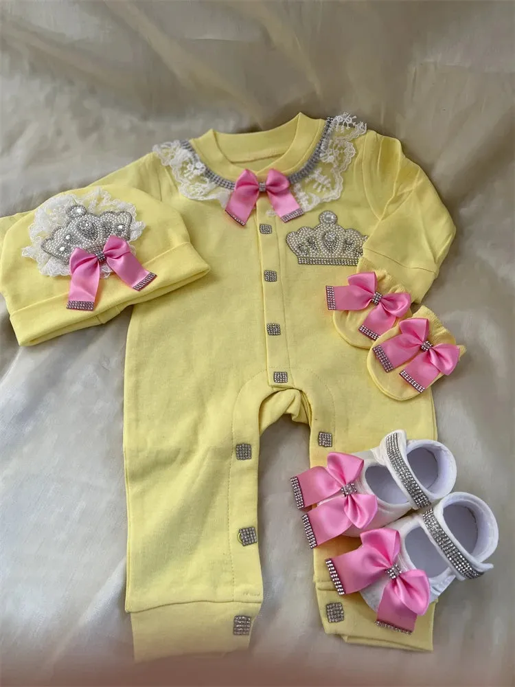 Newborn Baby Personalized Outfits 4 Pieces Welcome Home Hospital Crown Jewelry Romper Set