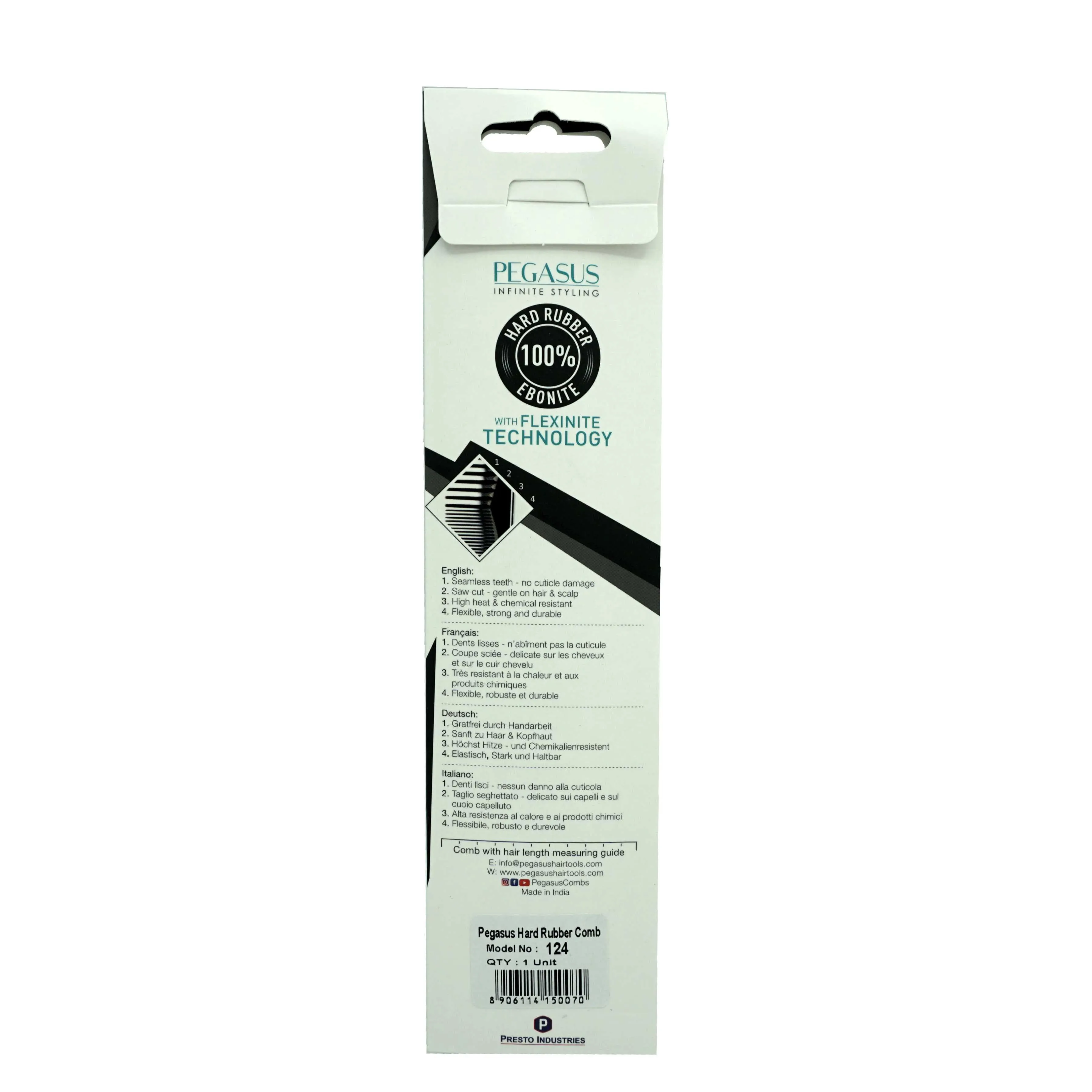 Pegasus 124, 8in Hard Rubber Rat Tail Tease Comb, Handmade, Seamless, Smooth Edges, Anti Static, Heat and Chemically Resistant, Great for Parting, Coloring Hair | Peines de goma dura - Black