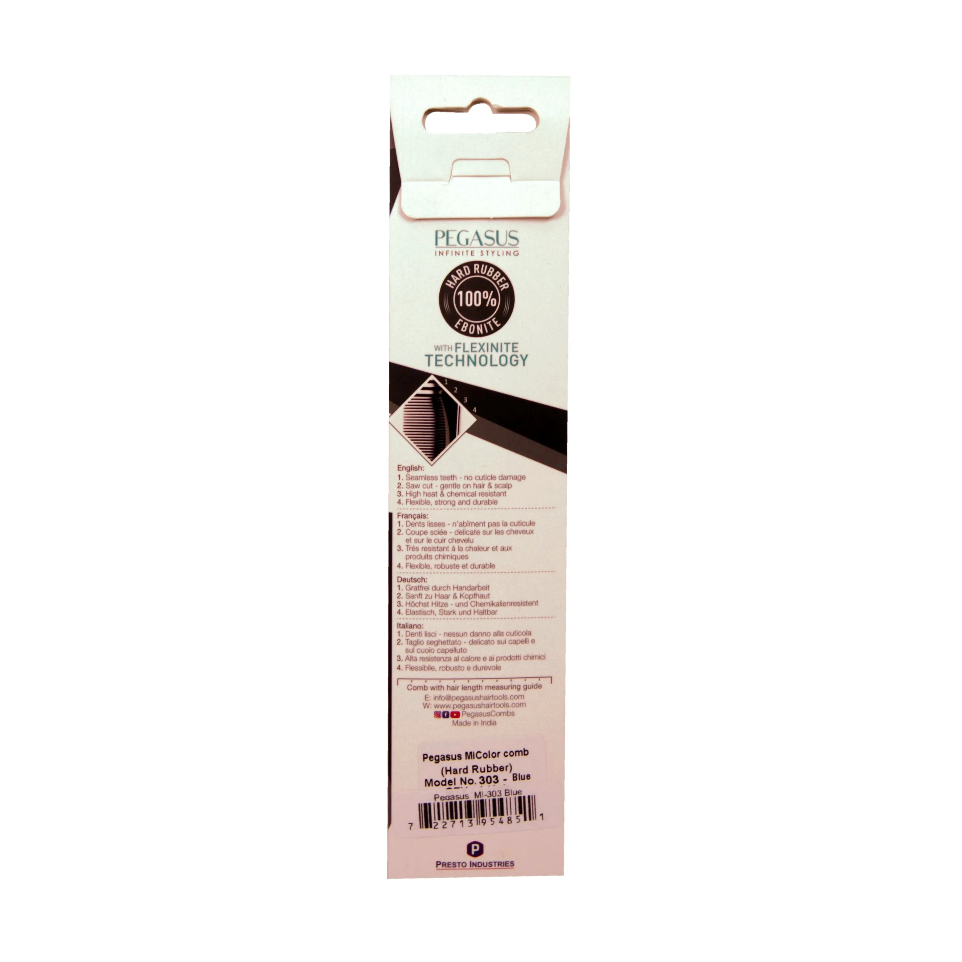 Pegasus MICOLOR 303, 6.5in Hard Rubber Heavy Barber Comb, Handmade, Seamless, Smooth Edges, Anti Static, Heat and Chemically Resistant, Wet Hair, Everyday Grooming Comb | Peines de goma dura - Blue