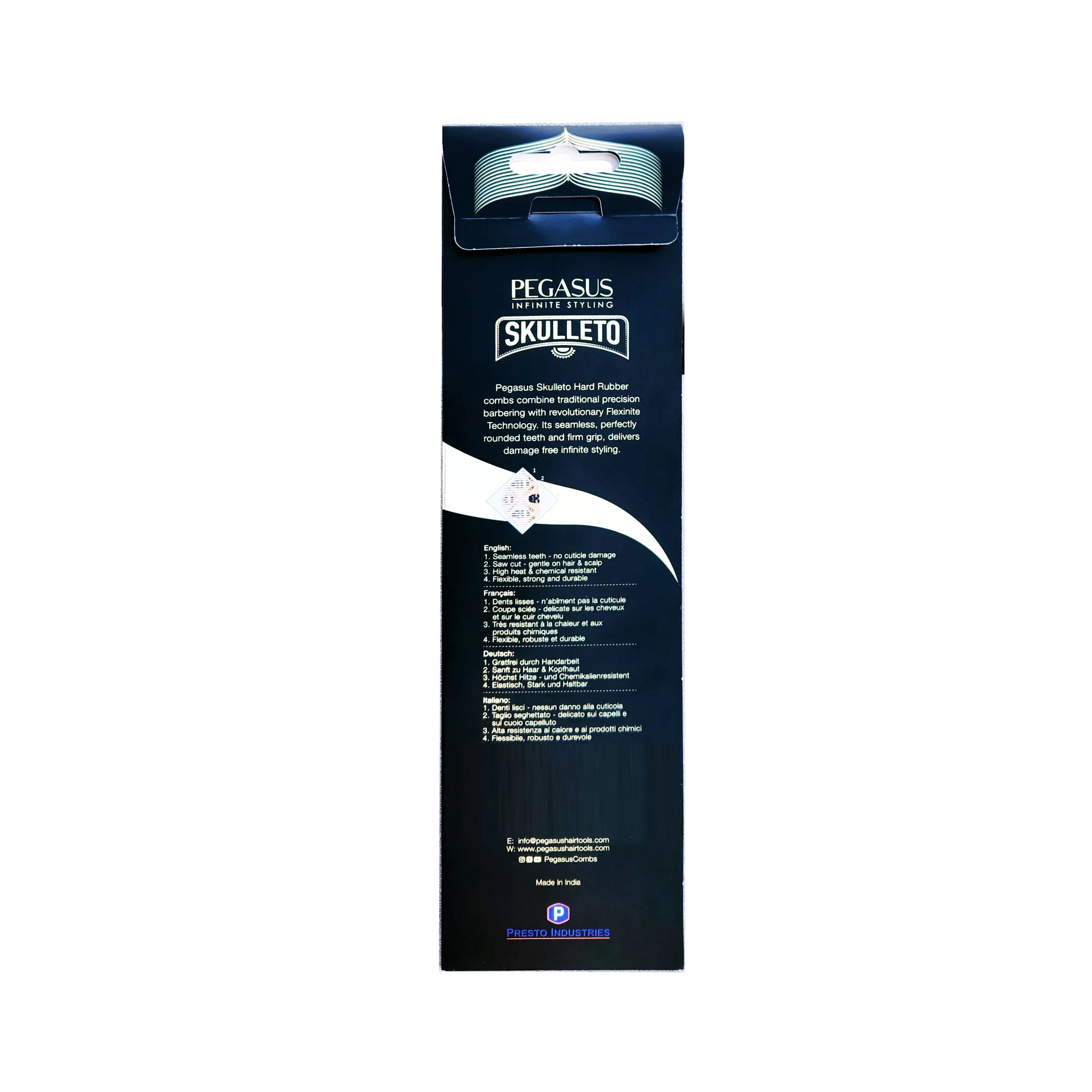 Pegasus Skulleto 303, 6.5in Hard Rubber Heavy Barber Comb, Handmade, Seamless, Smooth Edges, Anti Static, Heat and Chemically Resistant, Wet Hair, Everyday Grooming Comb | Peines de goma dura - Gold