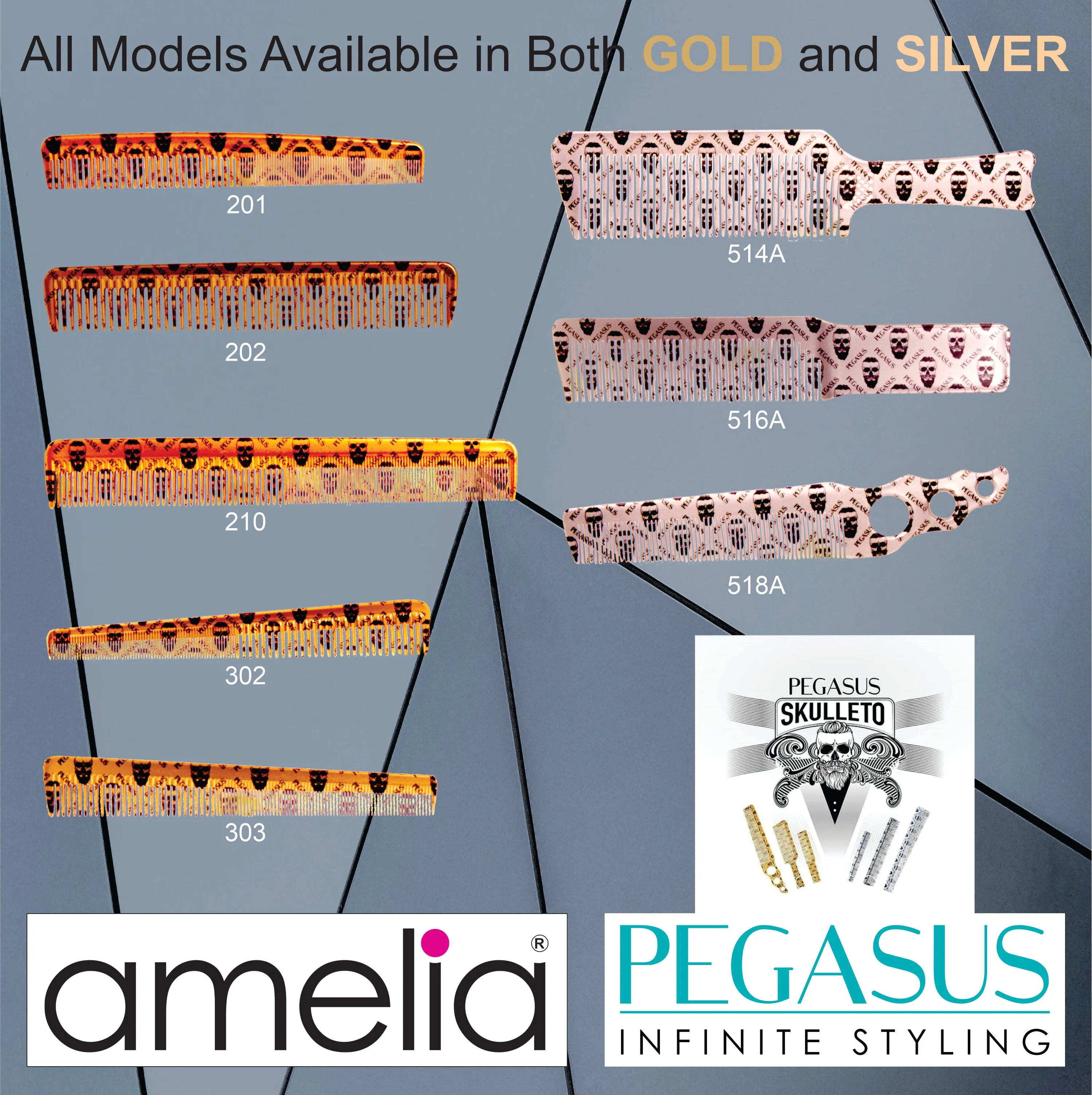 Pegasus Skulleto 303, 6.5in Hard Rubber Heavy Barber Comb, Handmade, Seamless, Smooth Edges, Anti Static, Heat and Chemically Resistant, Wet Hair, Everyday Grooming Comb | Peines de goma dura - Gold