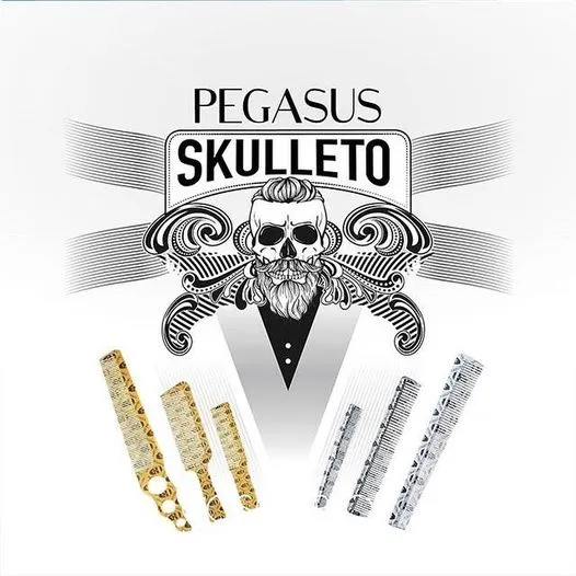 Pegasus Skulleto 514A, 8.75in Hard Rubber Fine Tooth Flattop Butch Comb, Handmade, Seamless, Smooth Edges, Anti Static, Heat and Chemically Resistant Comb | Peines de goma dura - Gold