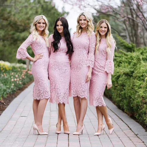 Pink Lace Knee Length Fashion Sheath Jewel Long Sleeves Bridesmaid Dress, BD73