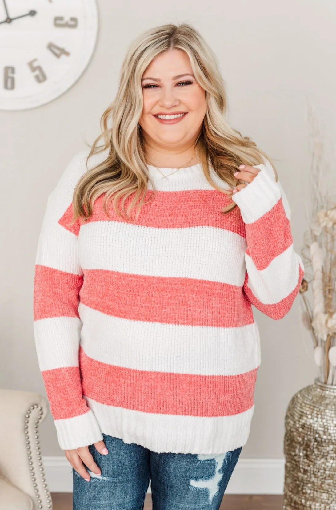 Radiate Happiness Striped Knit Sweater- Coral & Off-White