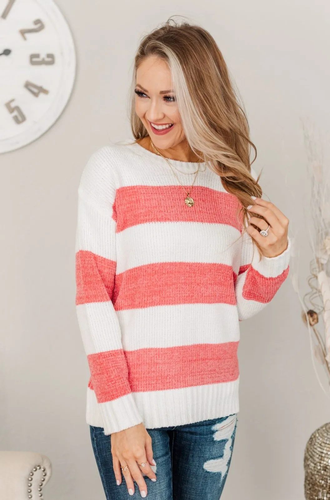 Radiate Happiness Striped Knit Sweater- Coral & Off-White