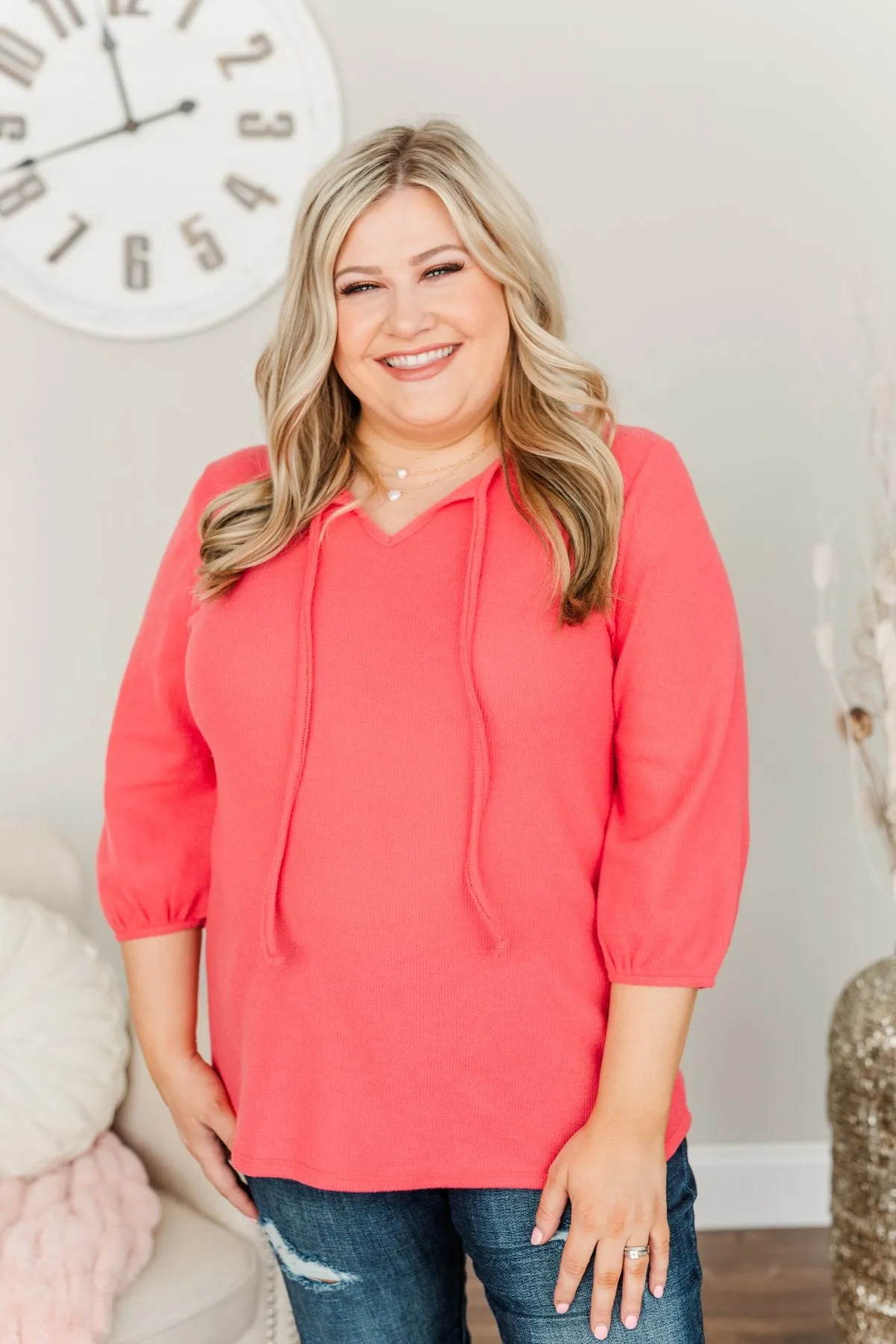 Reaching For Love Thermal Knit Top- Lipstick Pink