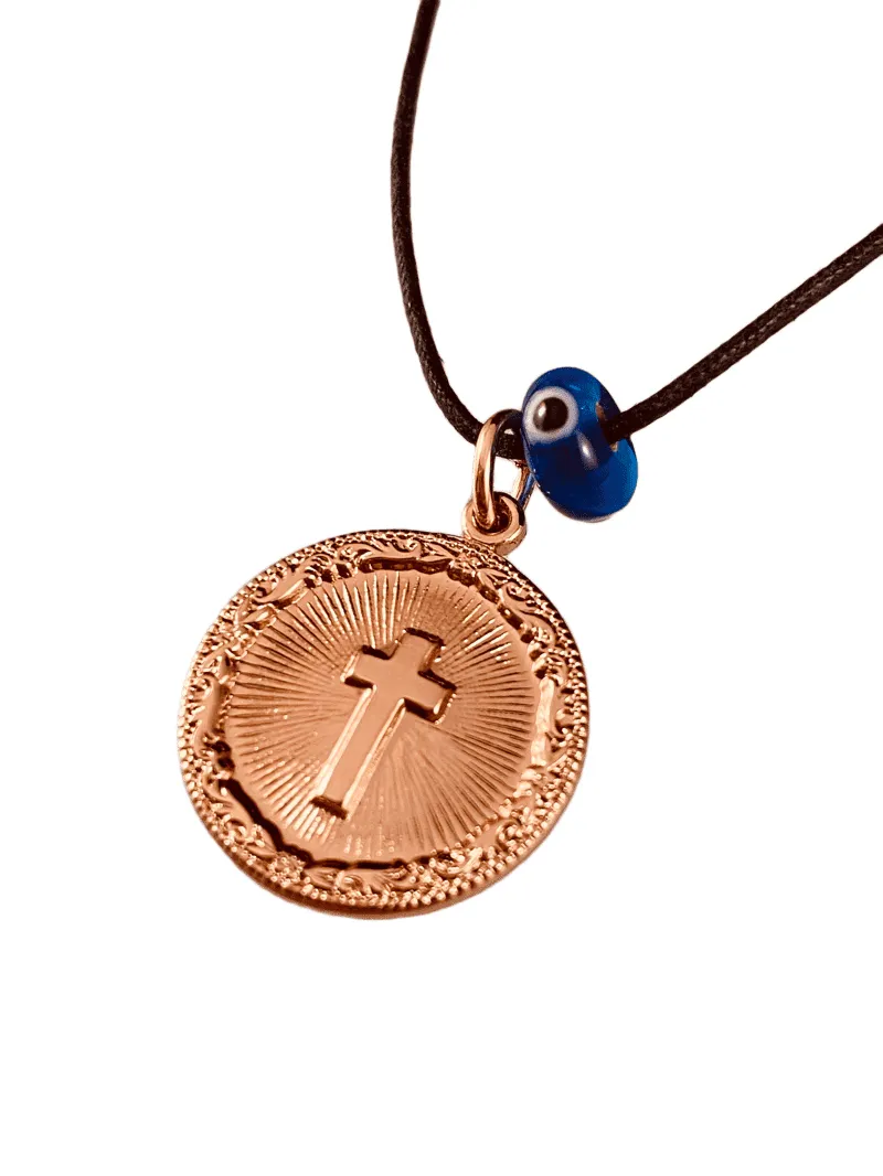 Rose Gold Miraculous Cross Medal on Black Cord with Evil Eye Necklace