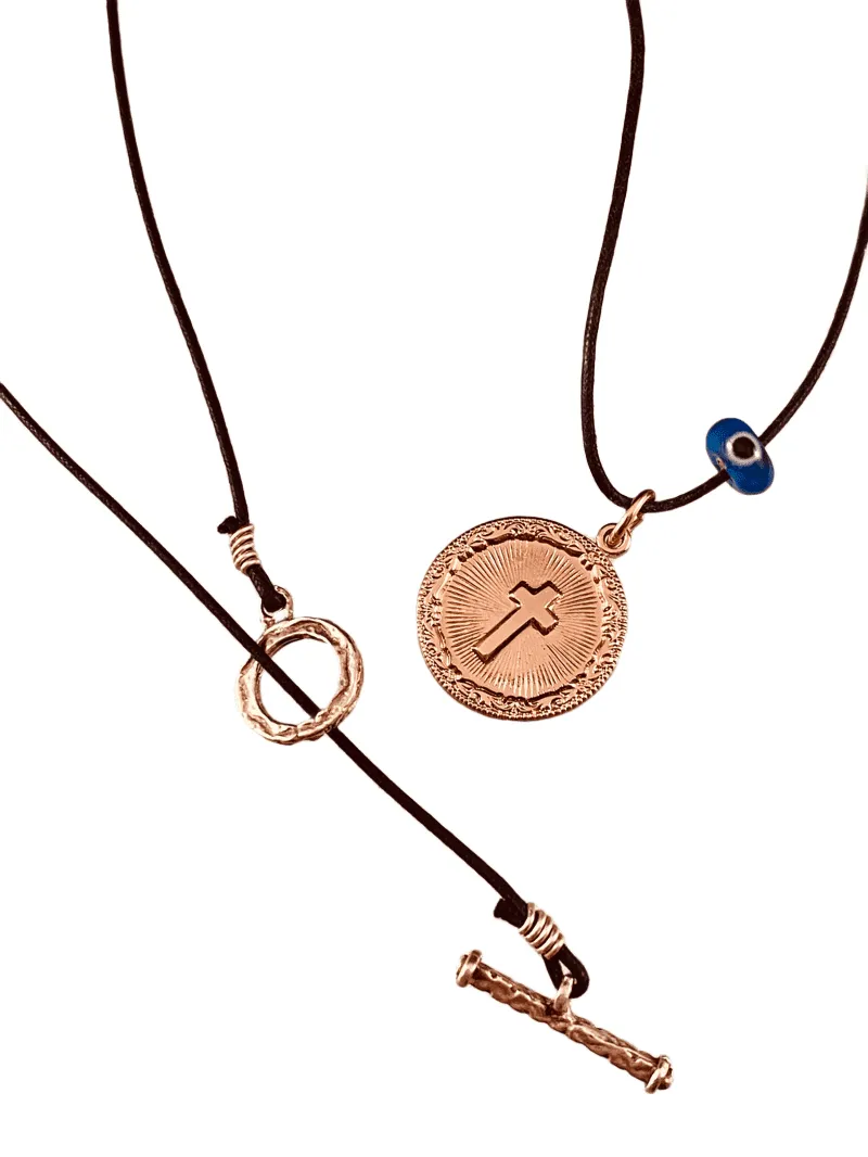 Rose Gold Miraculous Cross Medal on Black Cord with Evil Eye Necklace