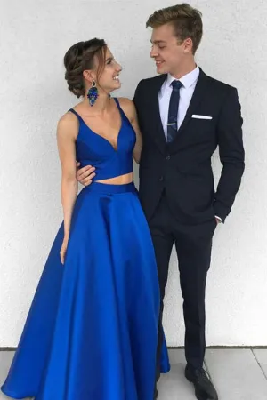 Sexy Royal Blue Two-Pieces Long Prom Dress Chic Satin Blue Formal Evening Dress OK414