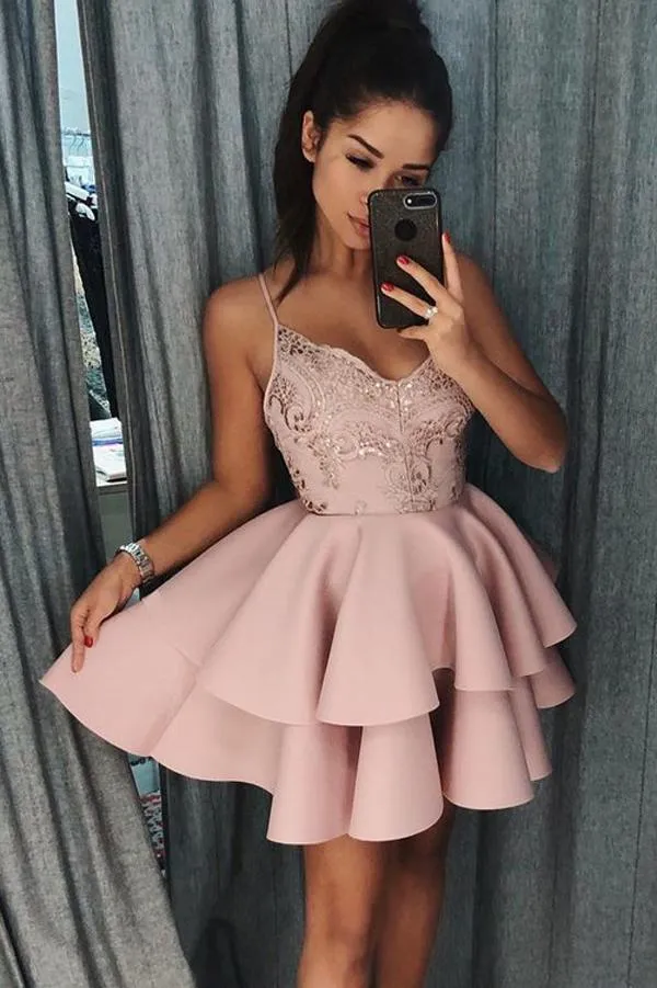 Shinny Spaghetti Straps Hoco Homecoming Dresses Chic Short Prom Dress, MH325