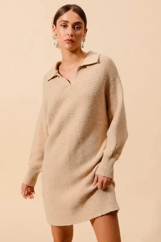 SO ME Ribbed Knit Collar Neck Dress