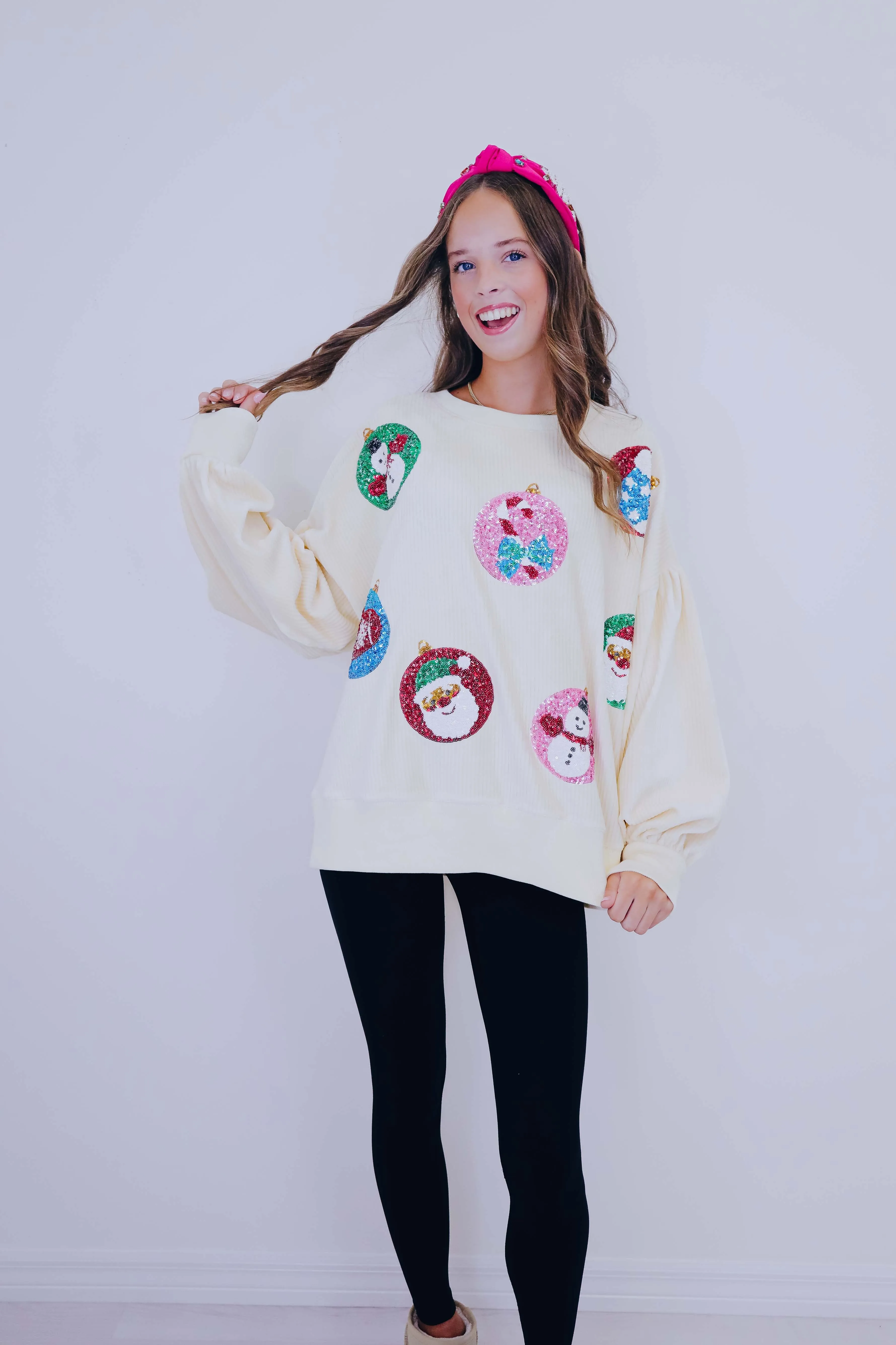 Sparkly Holiday Sequin Patch Corduroy Top - 2 Colors