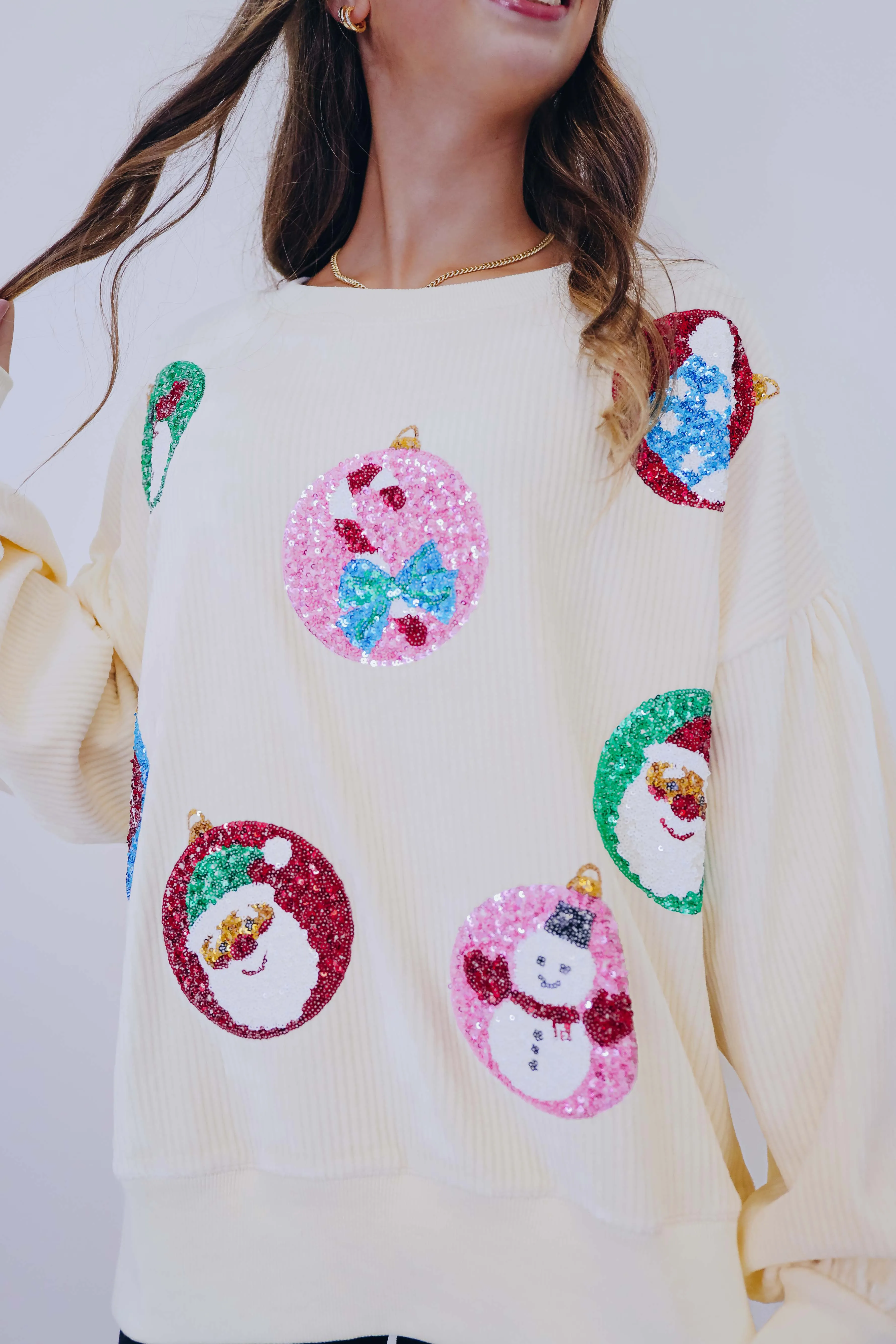 Sparkly Holiday Sequin Patch Corduroy Top - 2 Colors