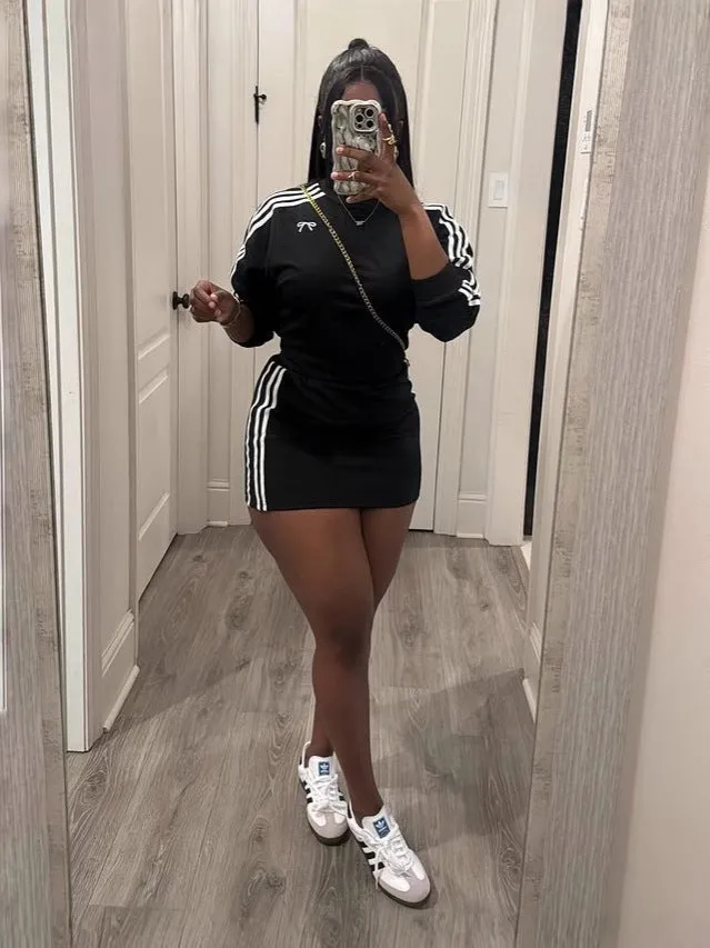 Sporty Chic Solid Long Sleeve Top and Skirt Two-Piece Set