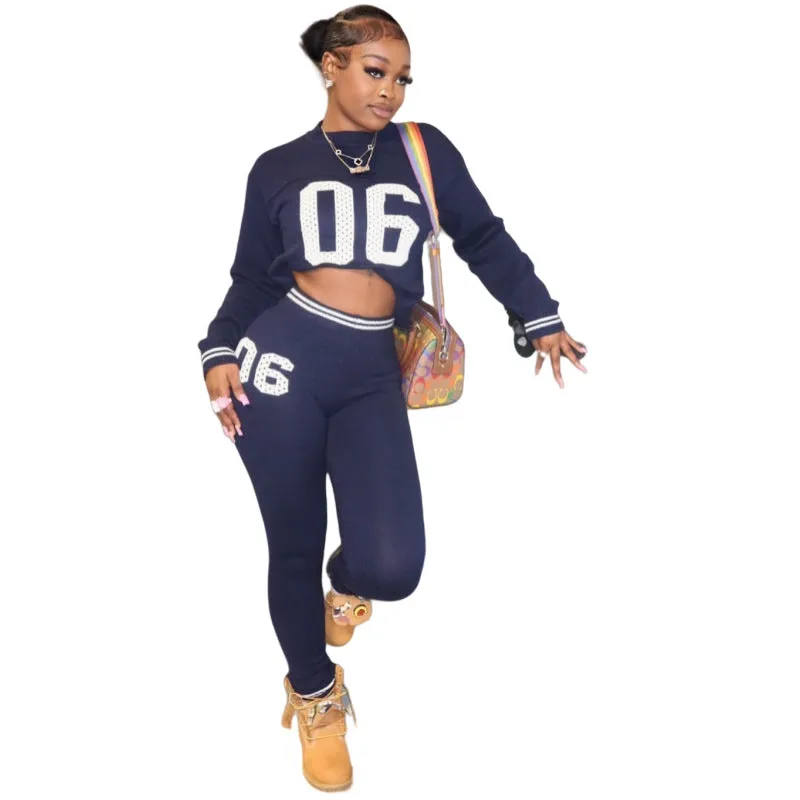 Sporty Letter Print Long Sleeve Sweater and Fitted Pants Two-Piece Set