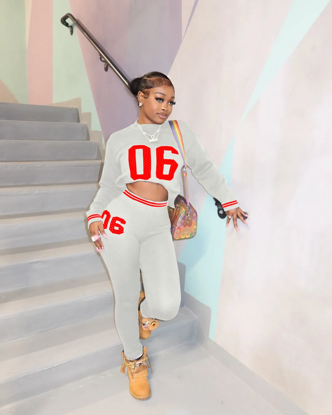 Sporty Letter Print Long Sleeve Sweater and Fitted Pants Two-Piece Set
