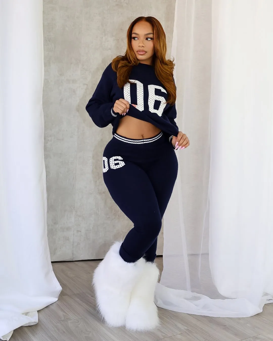 Sporty Letter Print Long Sleeve Sweater and Fitted Pants Two-Piece Set
