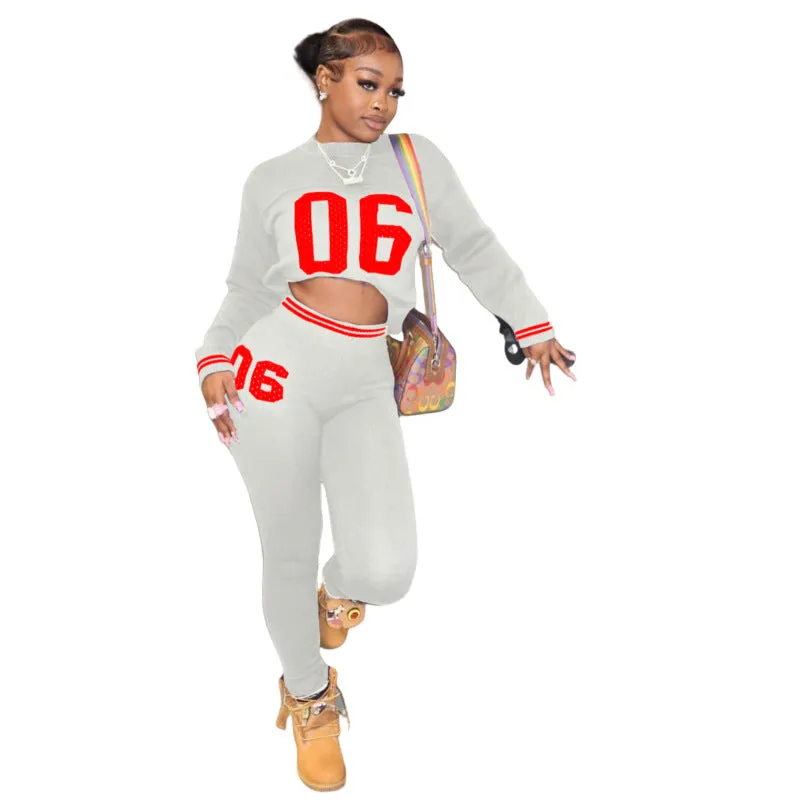 Sporty Letter Print Long Sleeve Sweater and Fitted Pants Two-Piece Set