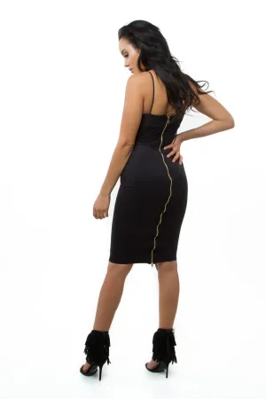 THE MYSTYLEMODE BLACK SUEDE SPAGHETTI DOUBLE LINED ZIPPER BACK MIDI DRESS