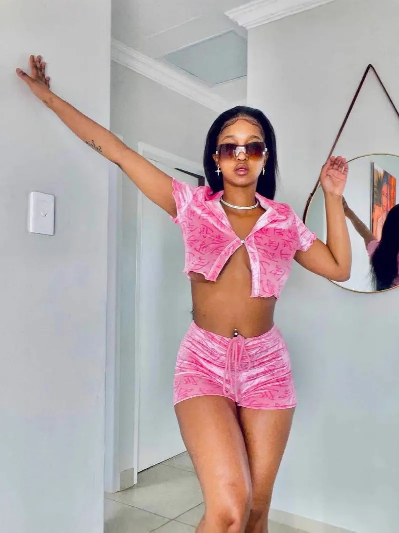 Trendy Velvet Printed Short-Sleeve Cropped Shirt and Drawstring Shorts Set