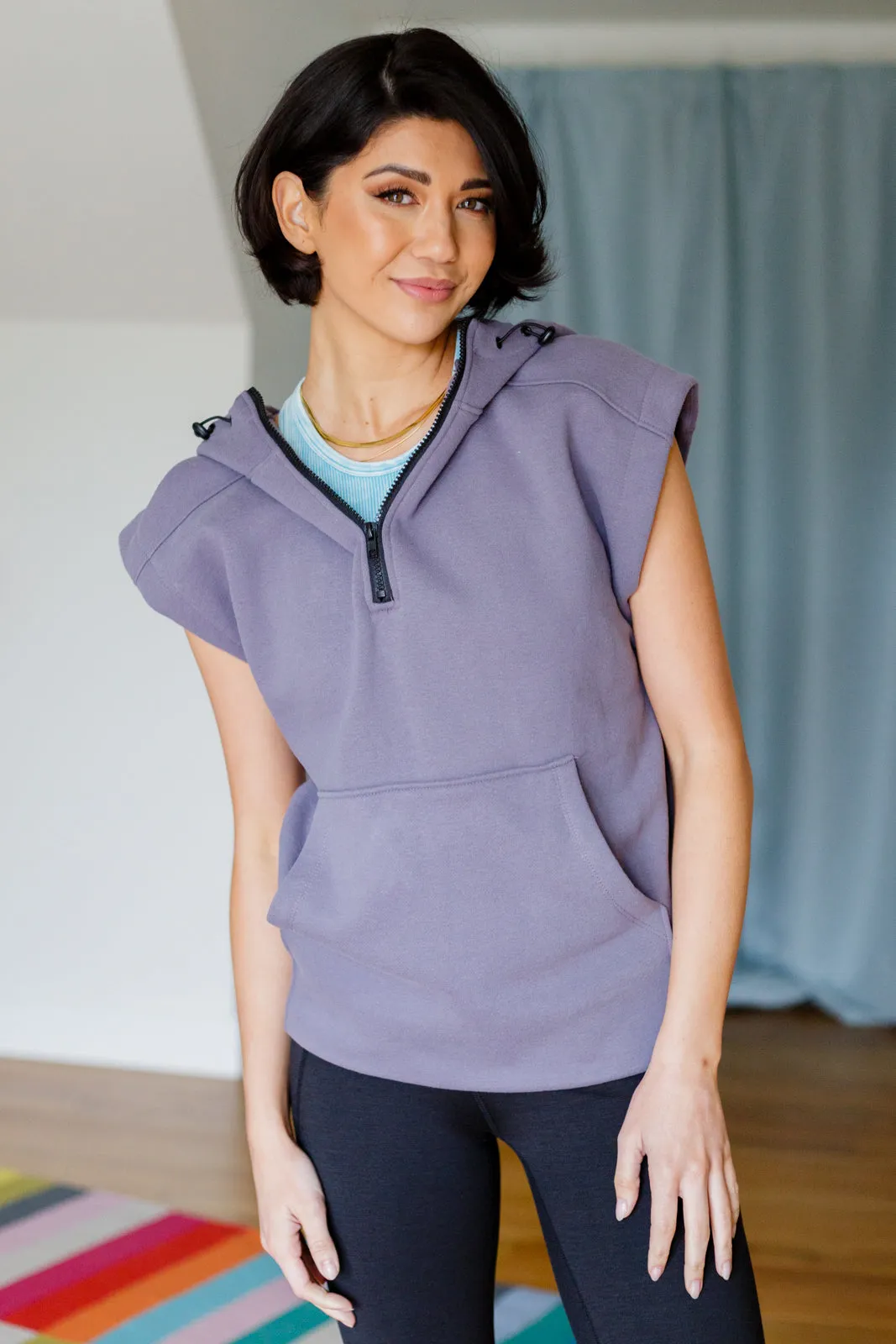 Up & Ready Cap Sleeve Workout Hoodie in Deep Grey