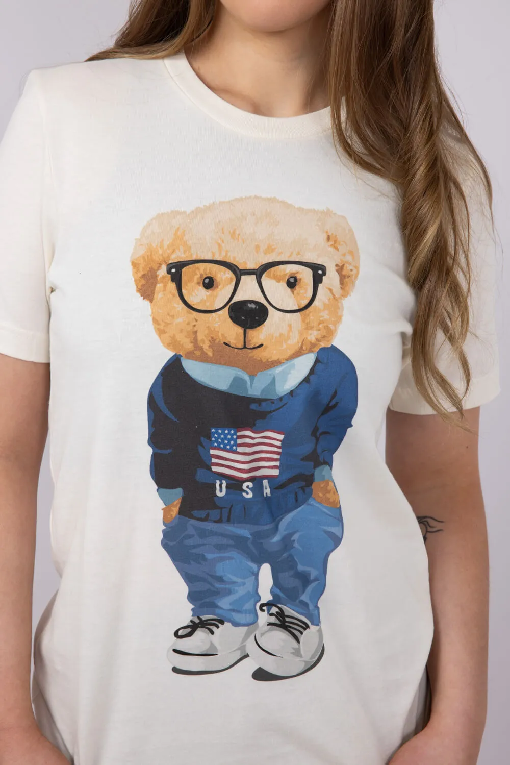 USA Teddy Bear Graphic T-Shirt for Women in Ivory | 20055X-TS-IVORY