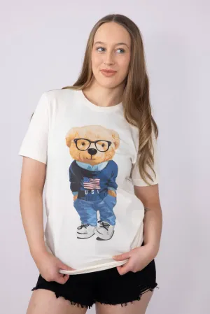 USA Teddy Bear Graphic T-Shirt for Women in Ivory | 20055X-TS-IVORY