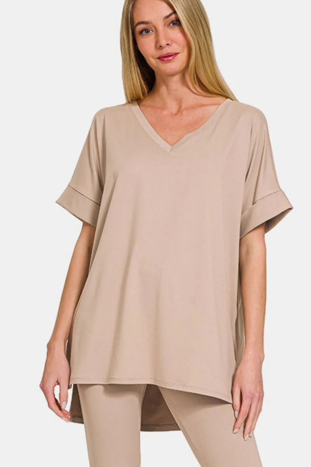 V-Neck Rolled Short Sleeve Lounge Set