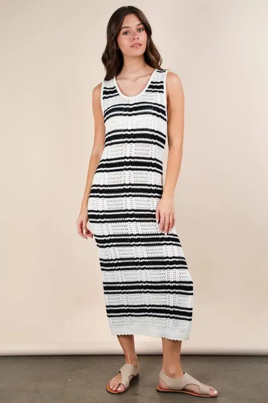 VERY J Stripe Knit Casual Sweater Midi Dress