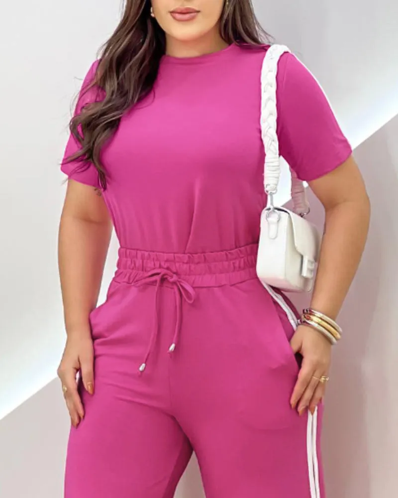 Vibrant Solid Top and Striped Side Pants Two-Piece Set