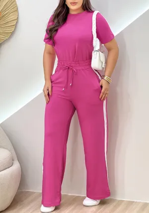 Vibrant Solid Top and Striped Side Pants Two-Piece Set