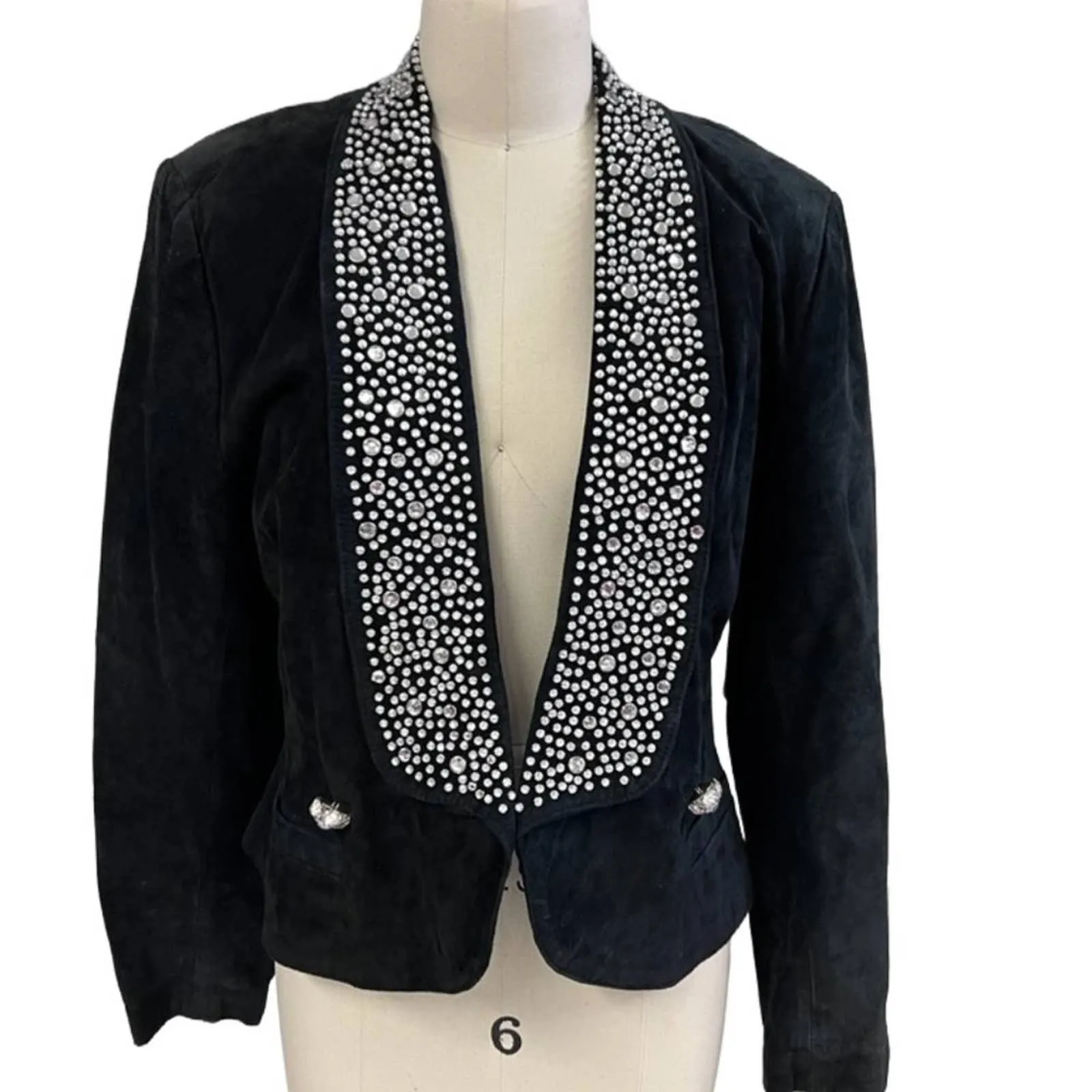 Vtg 80s Mob WIfe Lillie Rubin genuine leather blazer Studs Rhinestones size 8