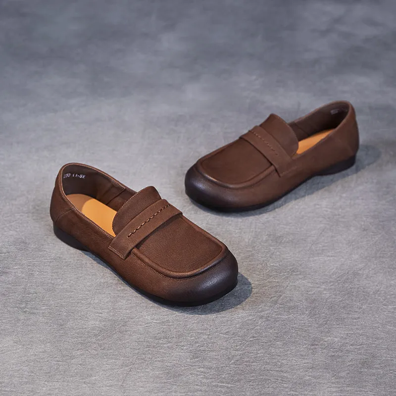 Women Retro Solid Leather Casual Flat Soft Loafers