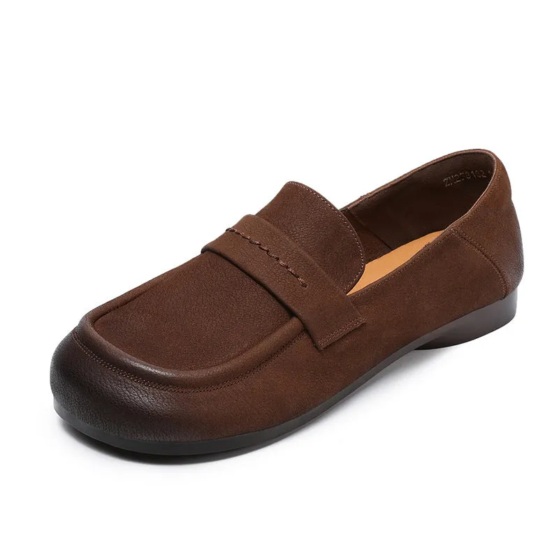 Women Retro Solid Leather Casual Flat Soft Loafers