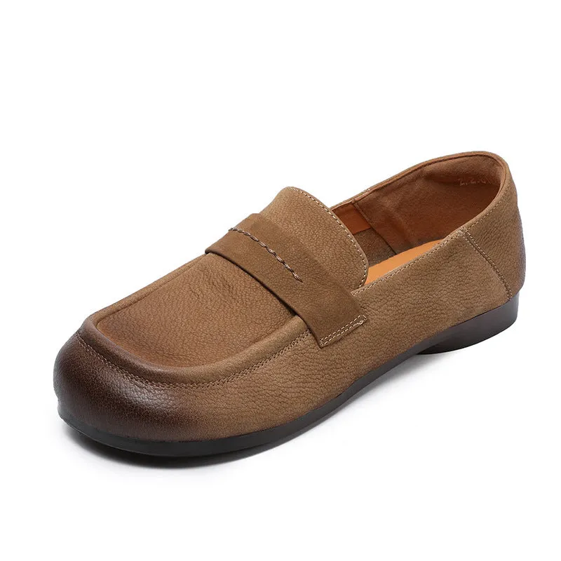 Women Retro Solid Leather Casual Flat Soft Loafers