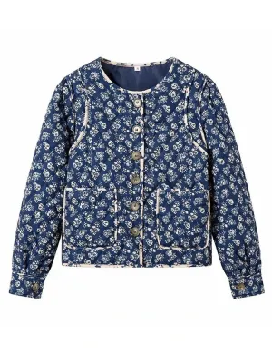 Women's Blue Flower Print Coat Warm Loose Thick Jacket Fall/Winter
