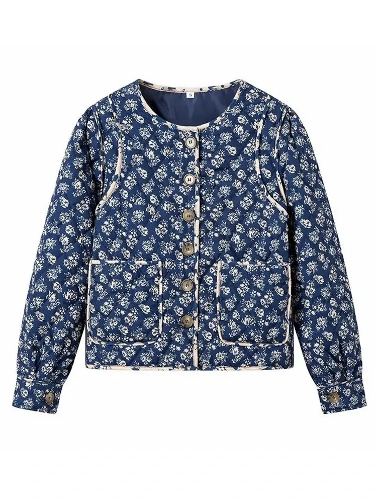 Women's Blue Flower Print Coat Warm Loose Thick Jacket Fall/Winter