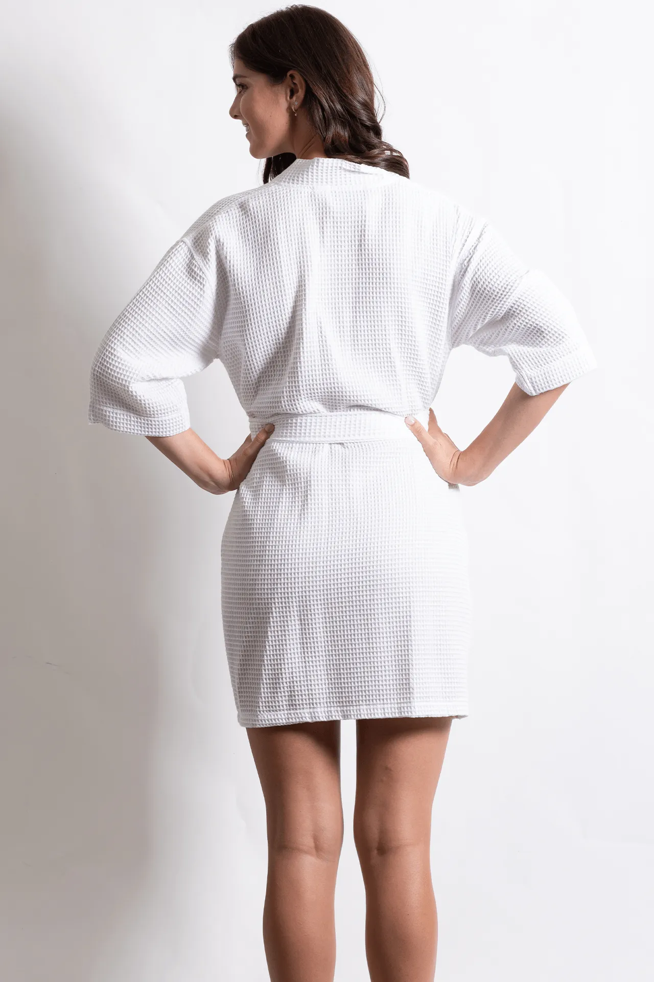 Women's Waffle Kimono Short Bathrobe- Luxurious Cotton Turkish, Absorbency, Lightweight (White)