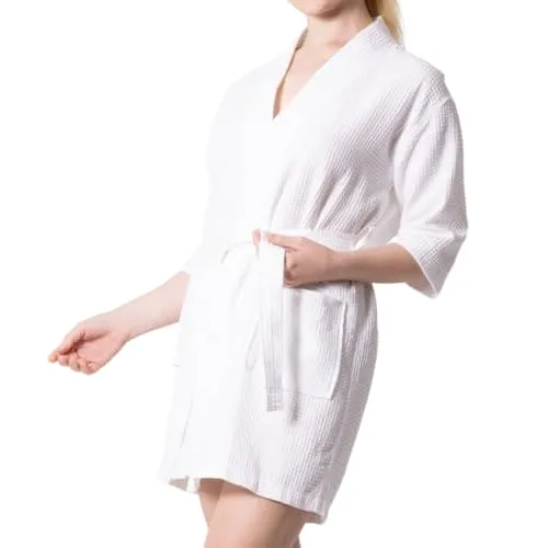 Women's Waffle Kimono Short Bathrobe- Luxurious Cotton Turkish, Absorbency, Lightweight (White)