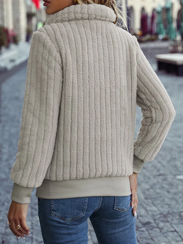 Zipper Ribbed Casual Plush Sweatshirt