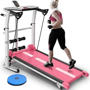 Zzfni Treadmill Pink Treadmill Foldable Manual Running Training Sports Multifunctional Mute Fitness Equipment 3 in 1 Twisting Waist Machine Foldable Treadmill (Color : Pink)