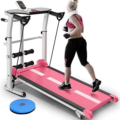 Zzfni Treadmill Pink Treadmill Foldable Manual Running Training Sports Multifunctional Mute Fitness Equipment 3 in 1 Twisting Waist Machine Foldable Treadmill (Color : Pink)