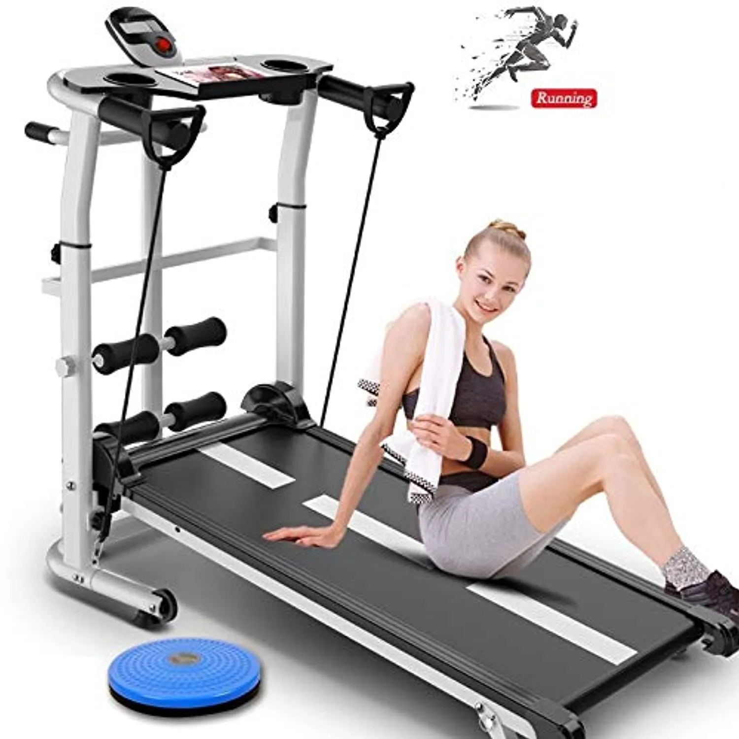 Zzfni Treadmill Pink Treadmill Foldable Manual Running Training Sports Multifunctional Mute Fitness Equipment 3 in 1 Twisting Waist Machine Foldable Treadmill (Color : Pink)